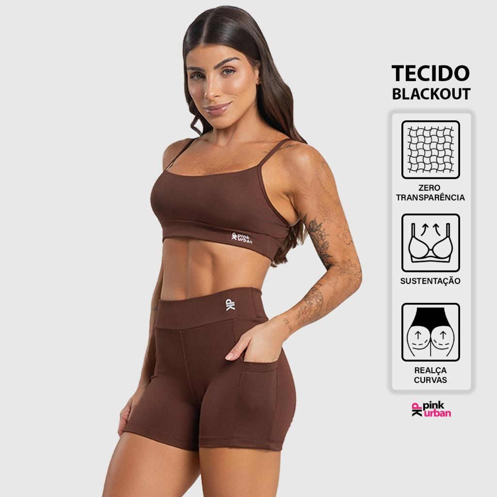 Conjunto Fitness Feminino Top Alça Short Bolso Cintura Alta Balance Blackout Zero Transparência