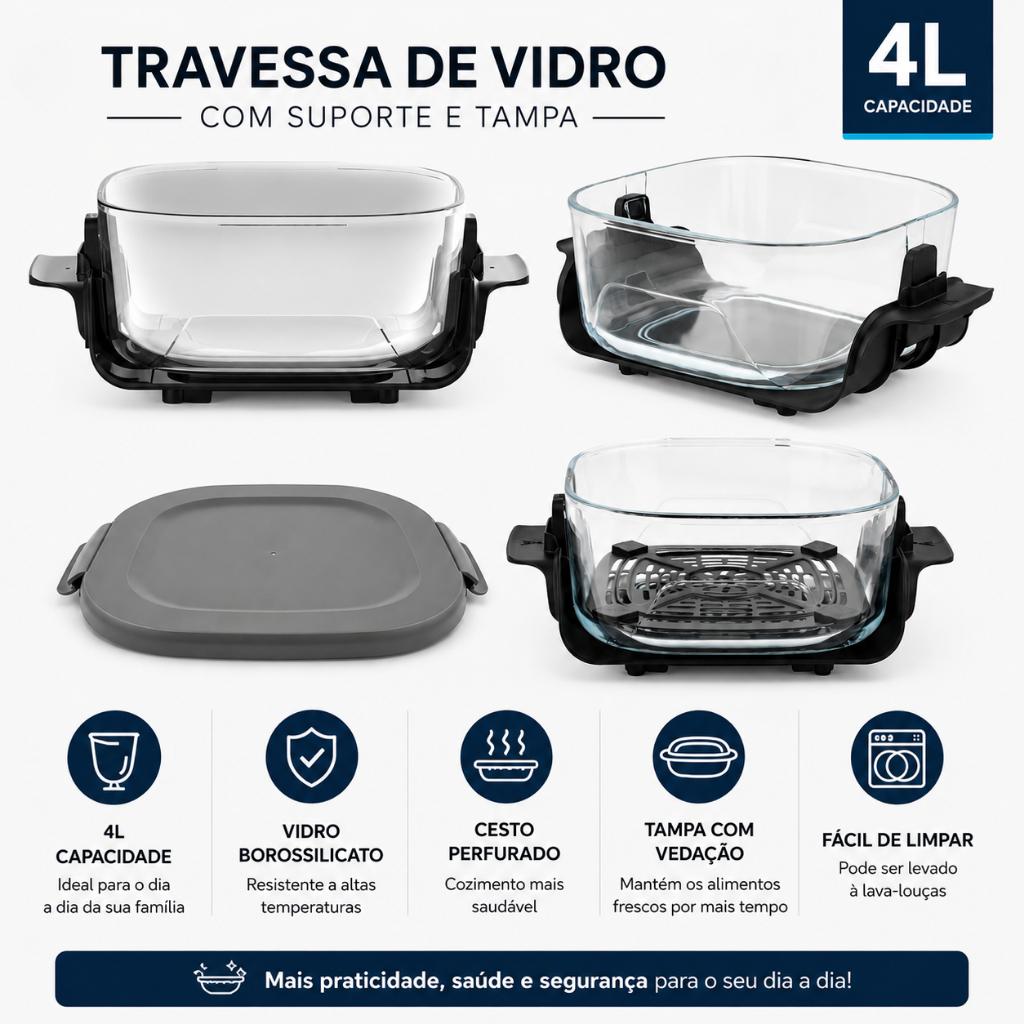 Fritadeira Elétrica 4L Com Cesto De Vidro 1500w Afv-101 Air Fryer Travessa De Vidro Com Tampa Kian