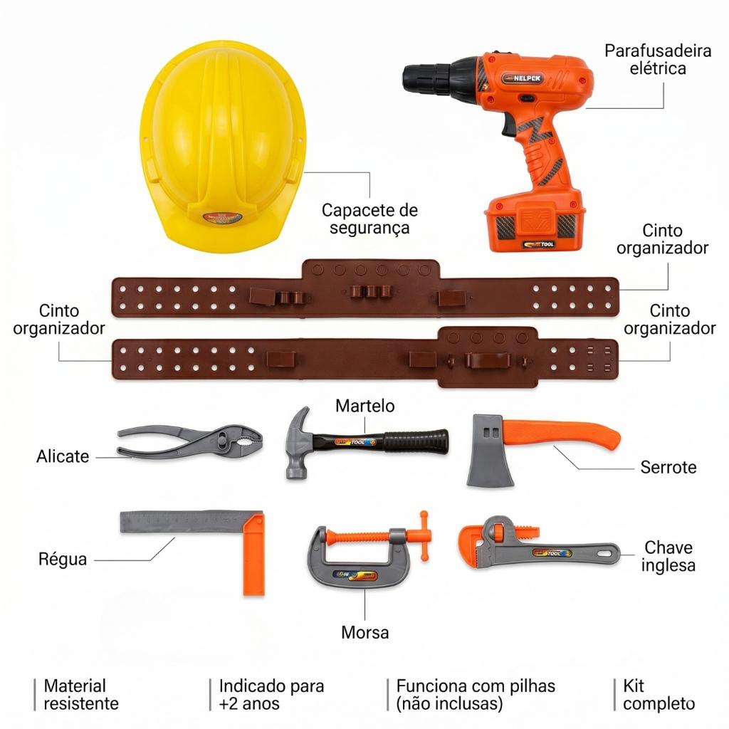 Kit Cinto Ferramentas Infantil Com Parafusadeira Elétrica Capacete Completo Engenheiro Construção