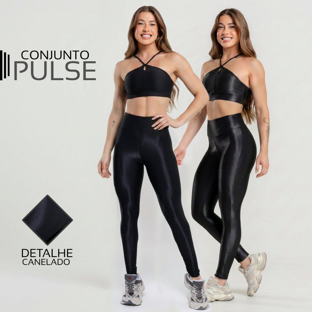 Conjunto Pulse Fitness Feminino Trilobal Canelado Brilhoso Top+legging Cós Alto Modelador Academia