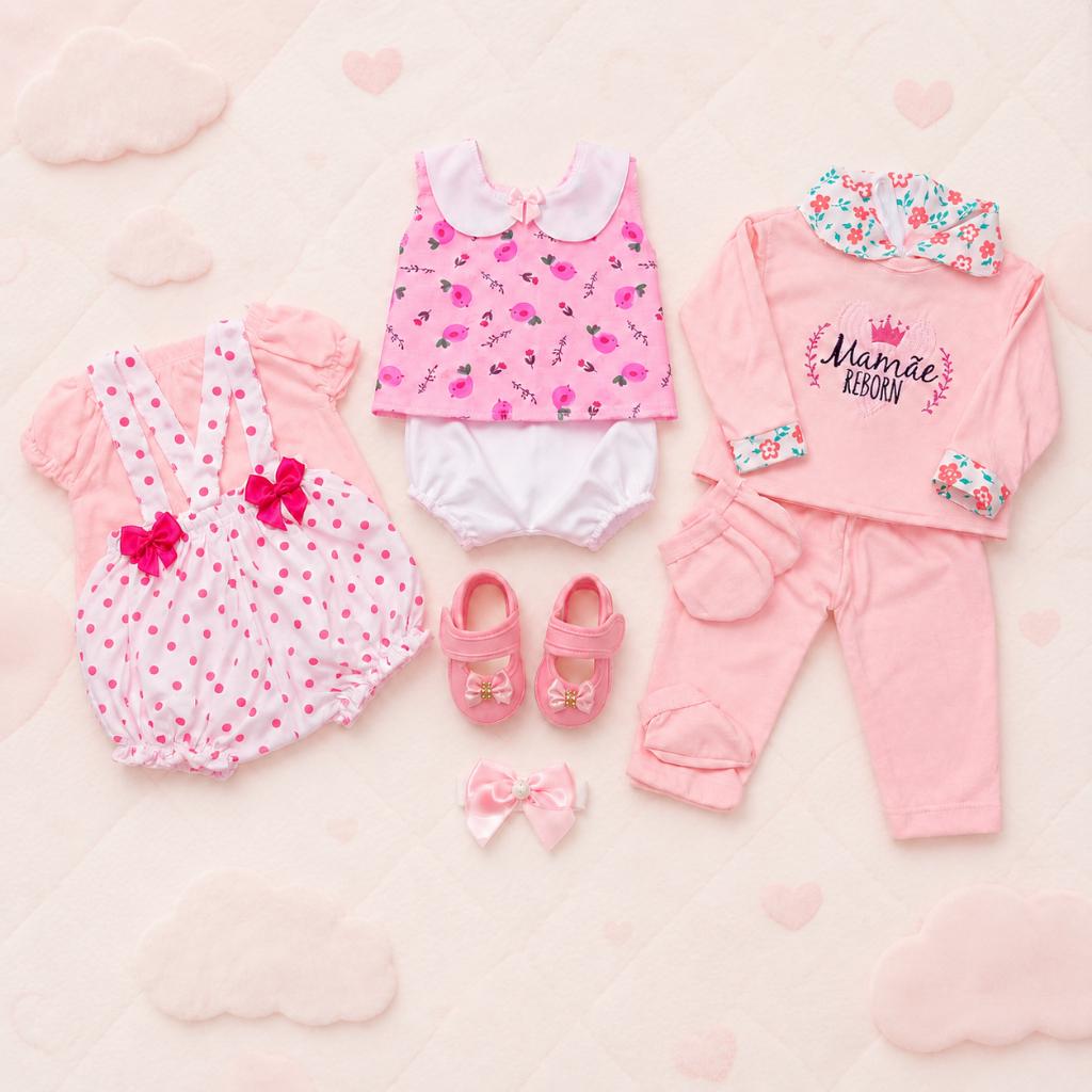 Kit Roupinha Bebê Reborn 3 Trocas + Tiara E Sapatinho - Veste De 45 A 50cm