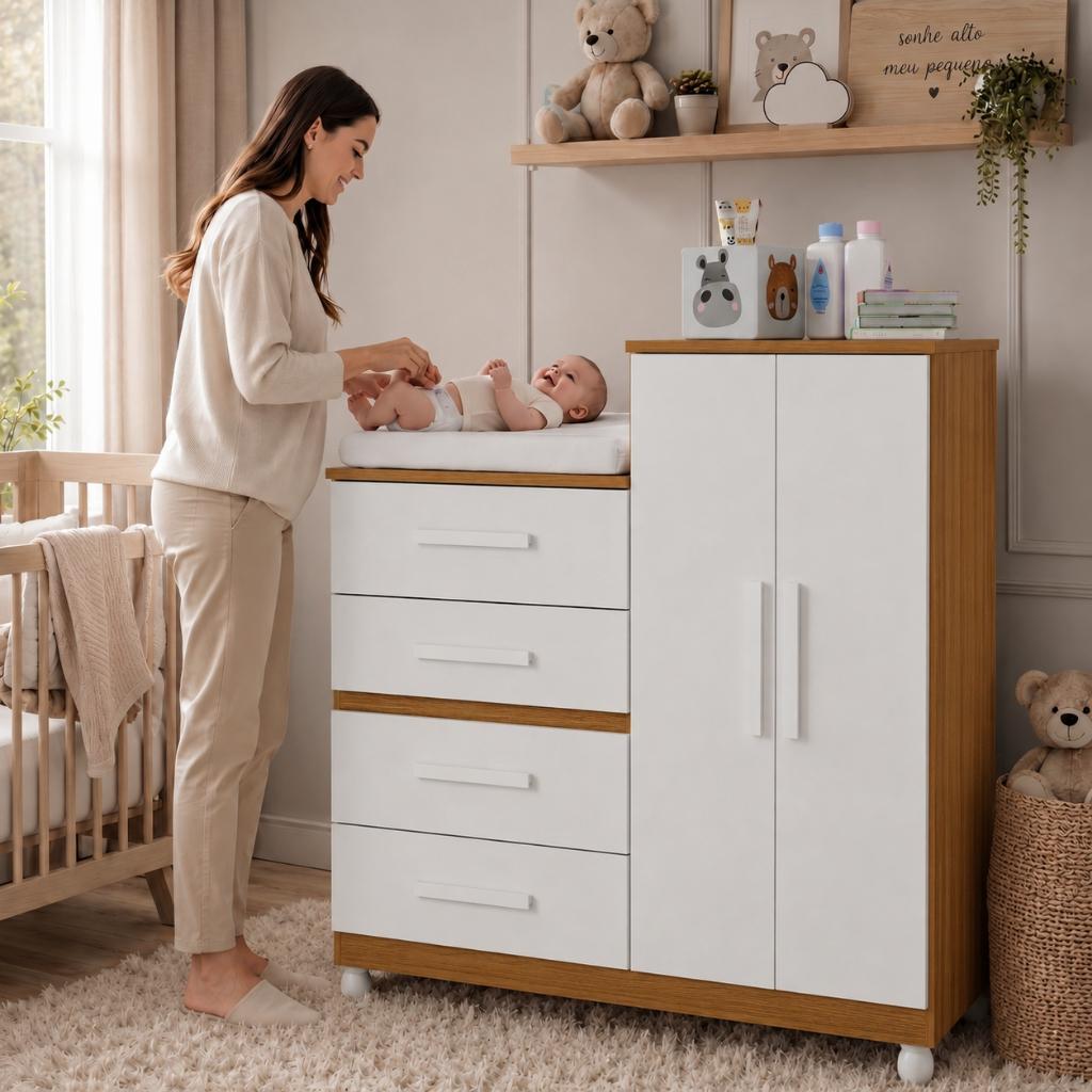 Cômoda Infantil Com Colchão Bebê Porta Guarda Roupa 4 Gavetas Mutifuncional Organizador Infantil