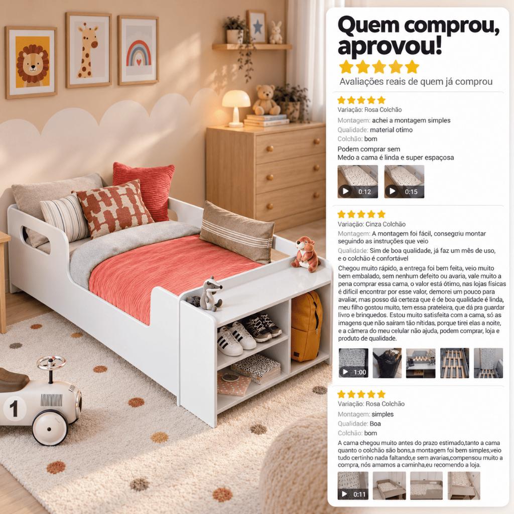 Cama Infantil Montessoriana Baixa Para Colchão Com Sapateira E Nicho Para Quarto De Criança Menina E Menino Aconchego
