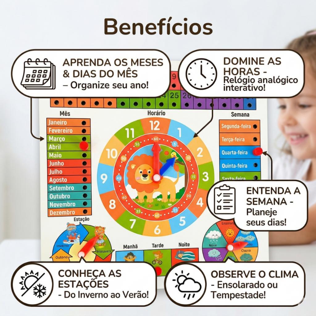 Calendário Relógio Pedagógico Brinquedo Educativo Madeira Infantil Rotina