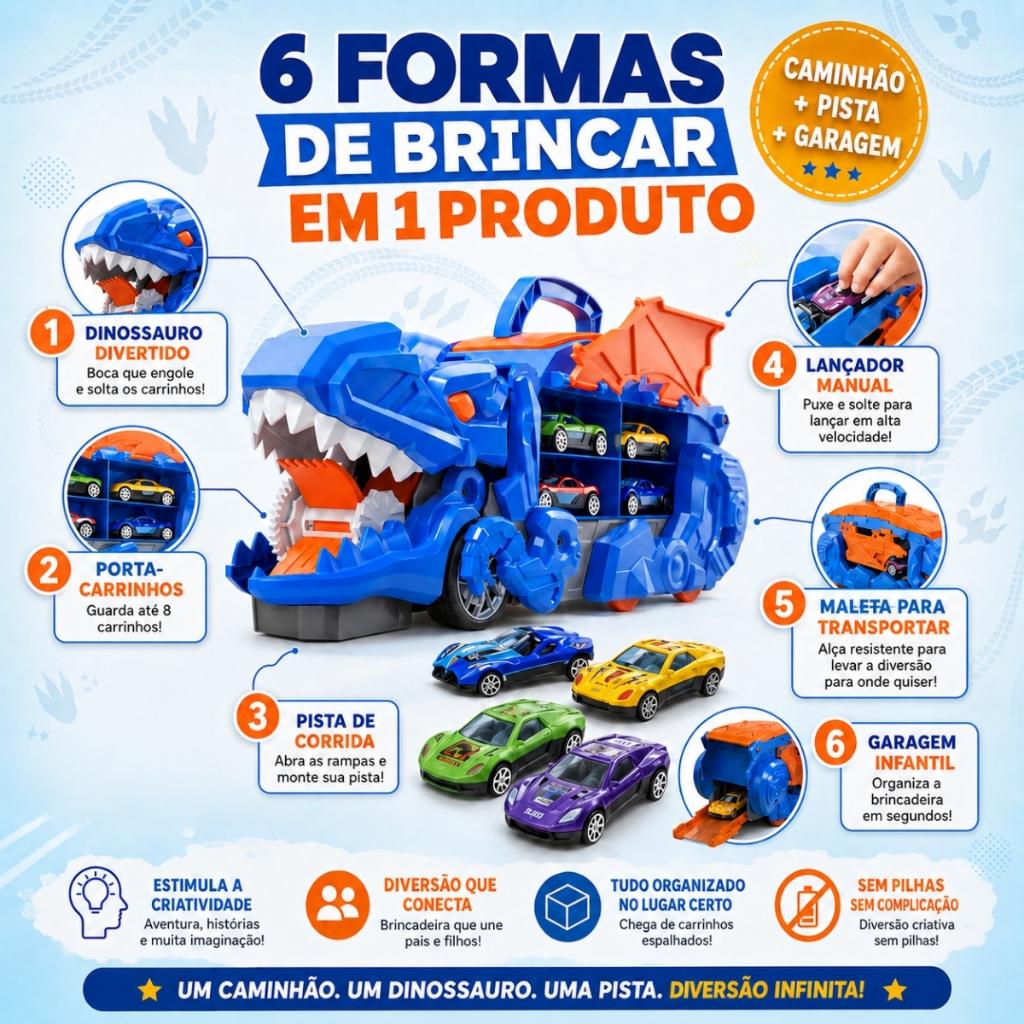 Caminhão Cegonha Dinossauro Predador De Carrinhos Com Pista Maleta Lançador