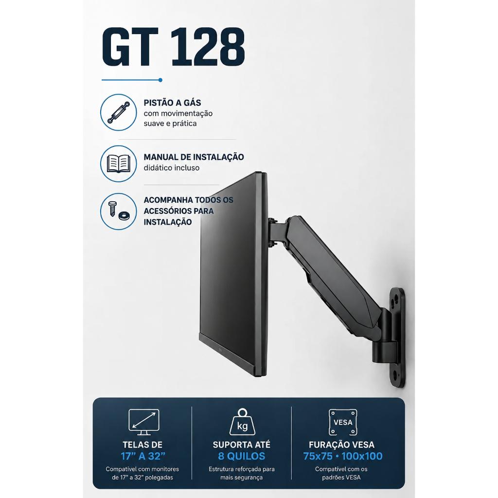 Suporte Articulado Para Monitor 17 A 32 Parede Com Pistão A Gás Braço Articulado Preto