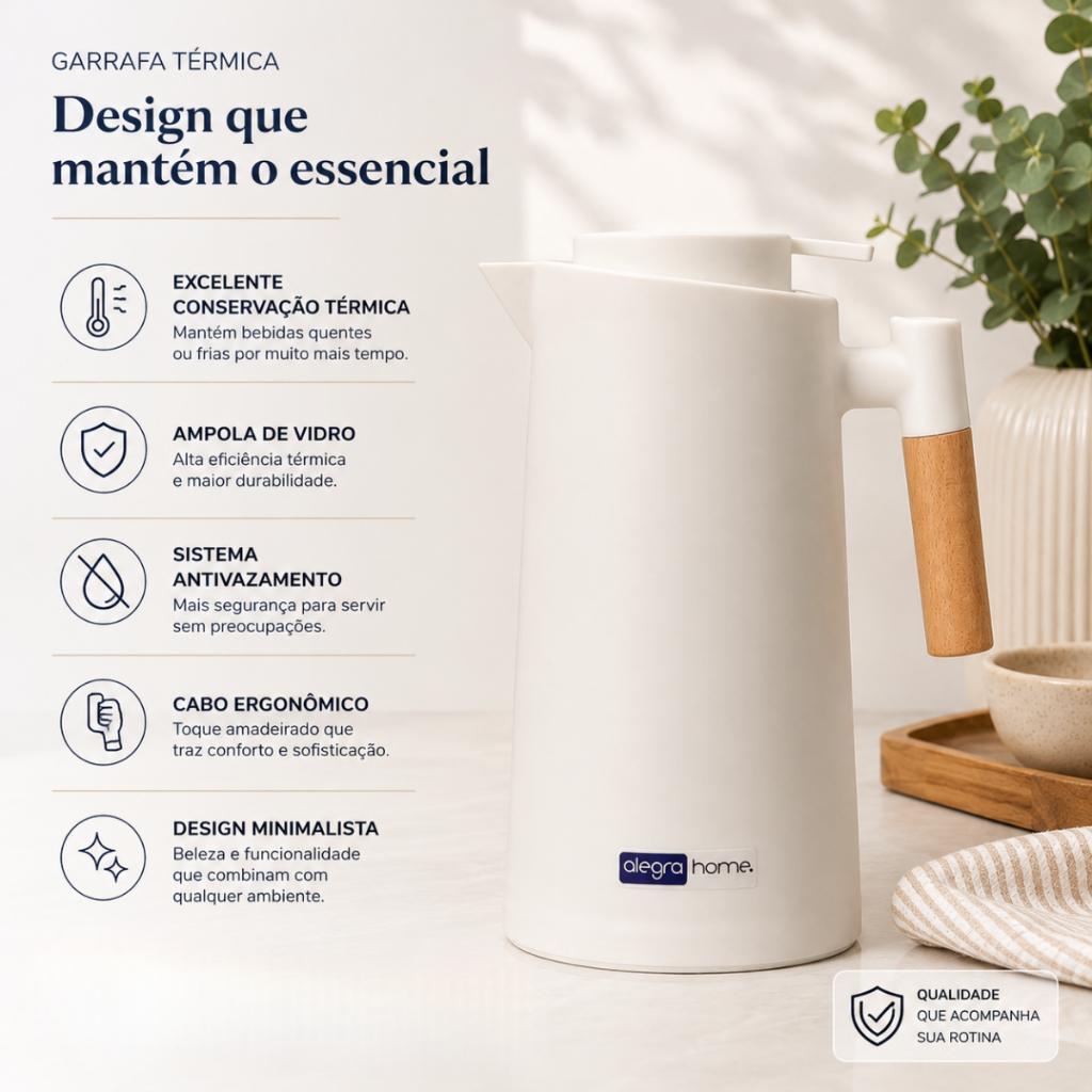 Garrafa Termica 1litro Cabo Madeira Moderna Alegra Home Premium