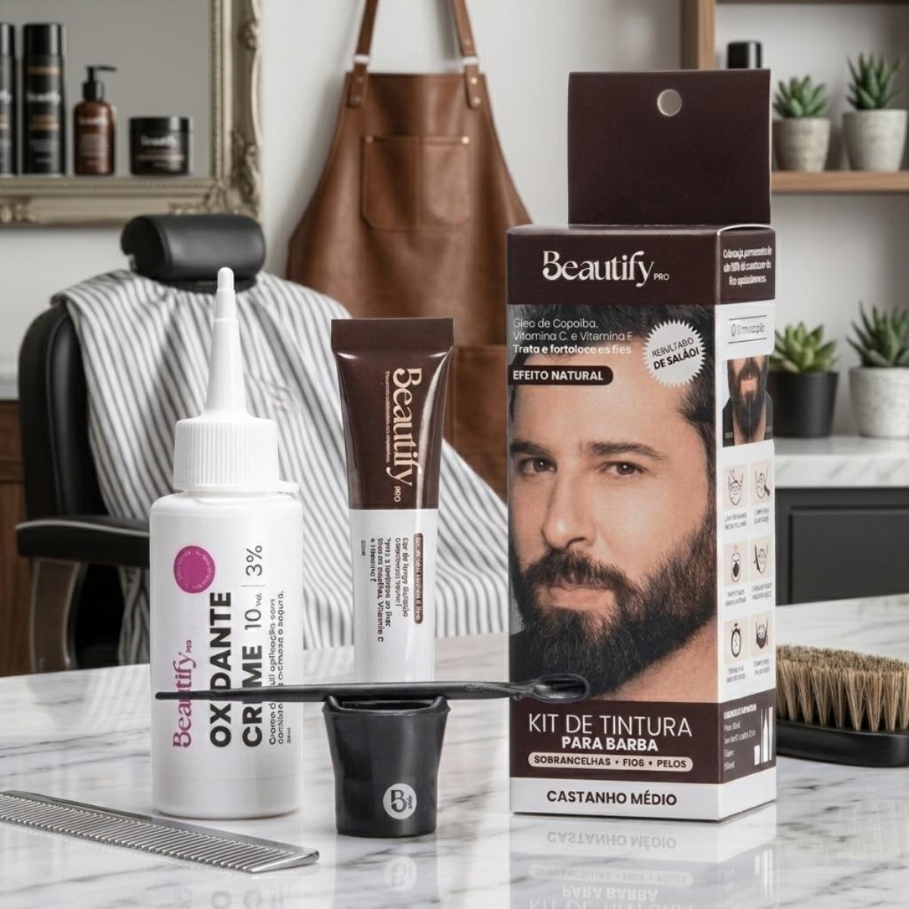 Tintura Para Barba E Bigode Castanho Médio Beautify PRO Cobre Fios Brancos Sem Amônia 10g