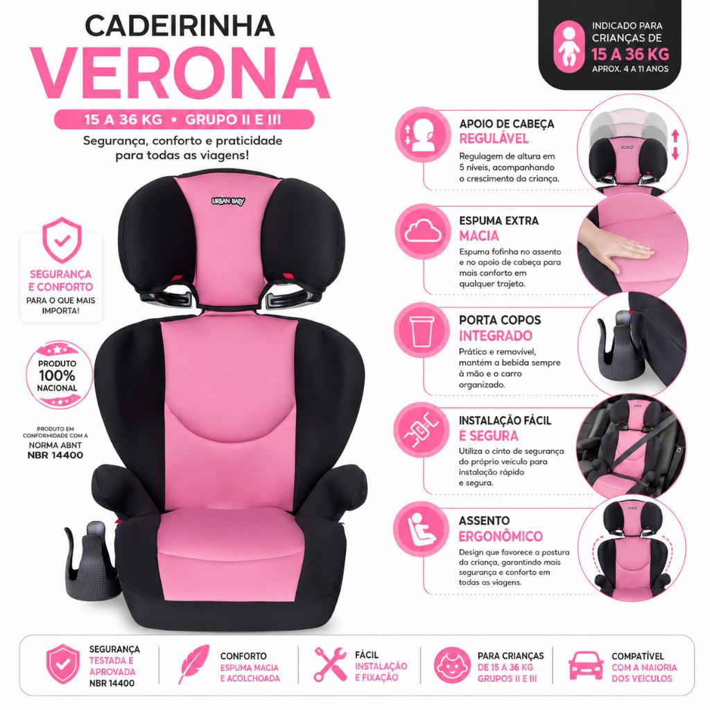 Cadeirinha Urban Baby Booster Verona 15-36kg 5 Posições Rosa