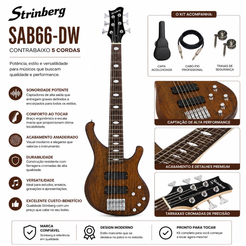 Contra Baixo Strinberg Sab66 Dw 6 Cordas + Capa E Paletas