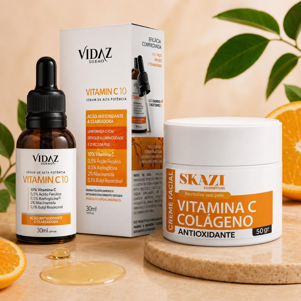 Kit Skazi Vitamina C Facial Sérum + Creme Com Colágeno Antioxidante Clareador Hidratação