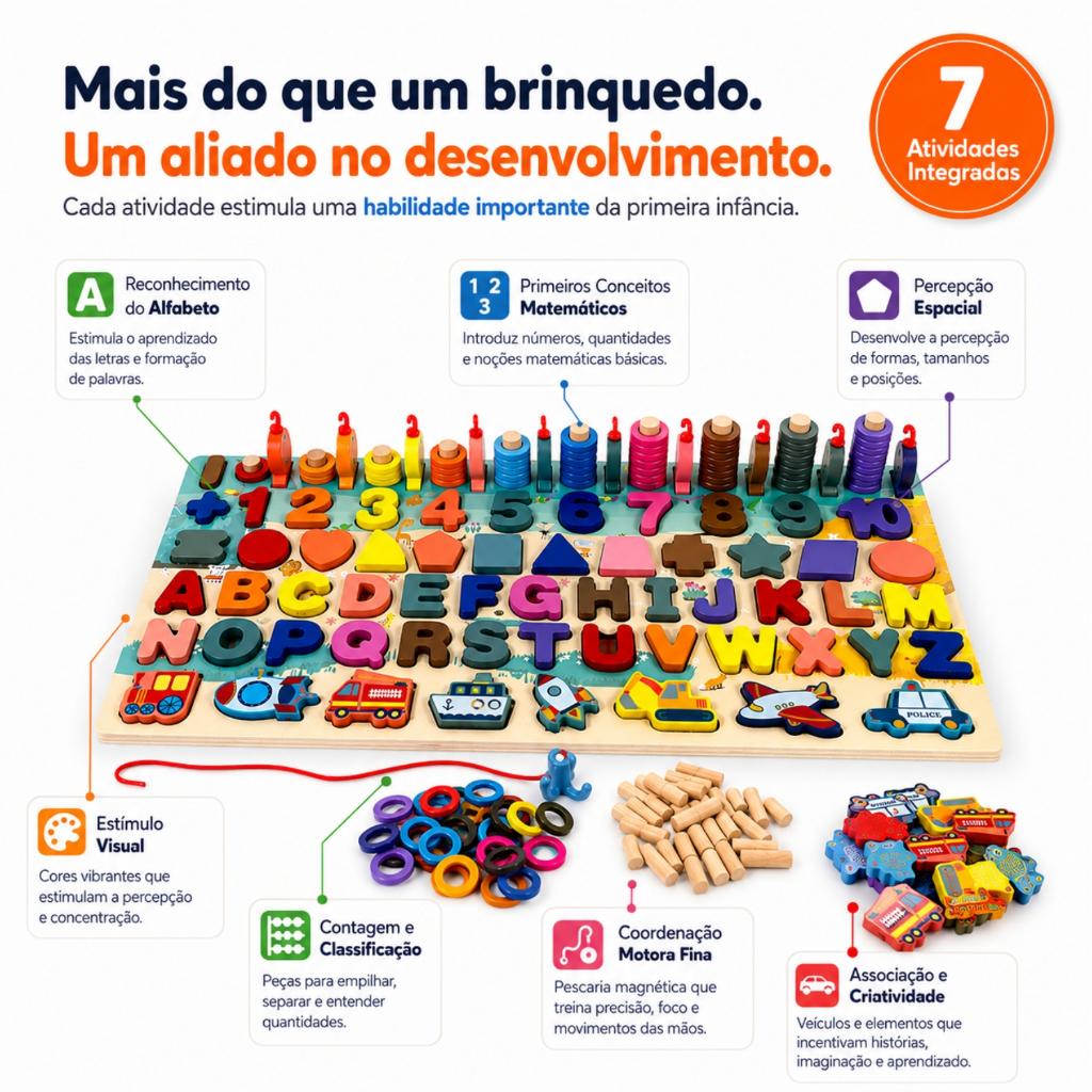 Tabuleiro Montessori 7 Em 1 Educativo Madeira Alfabeto Números Formas Coordenação Motora