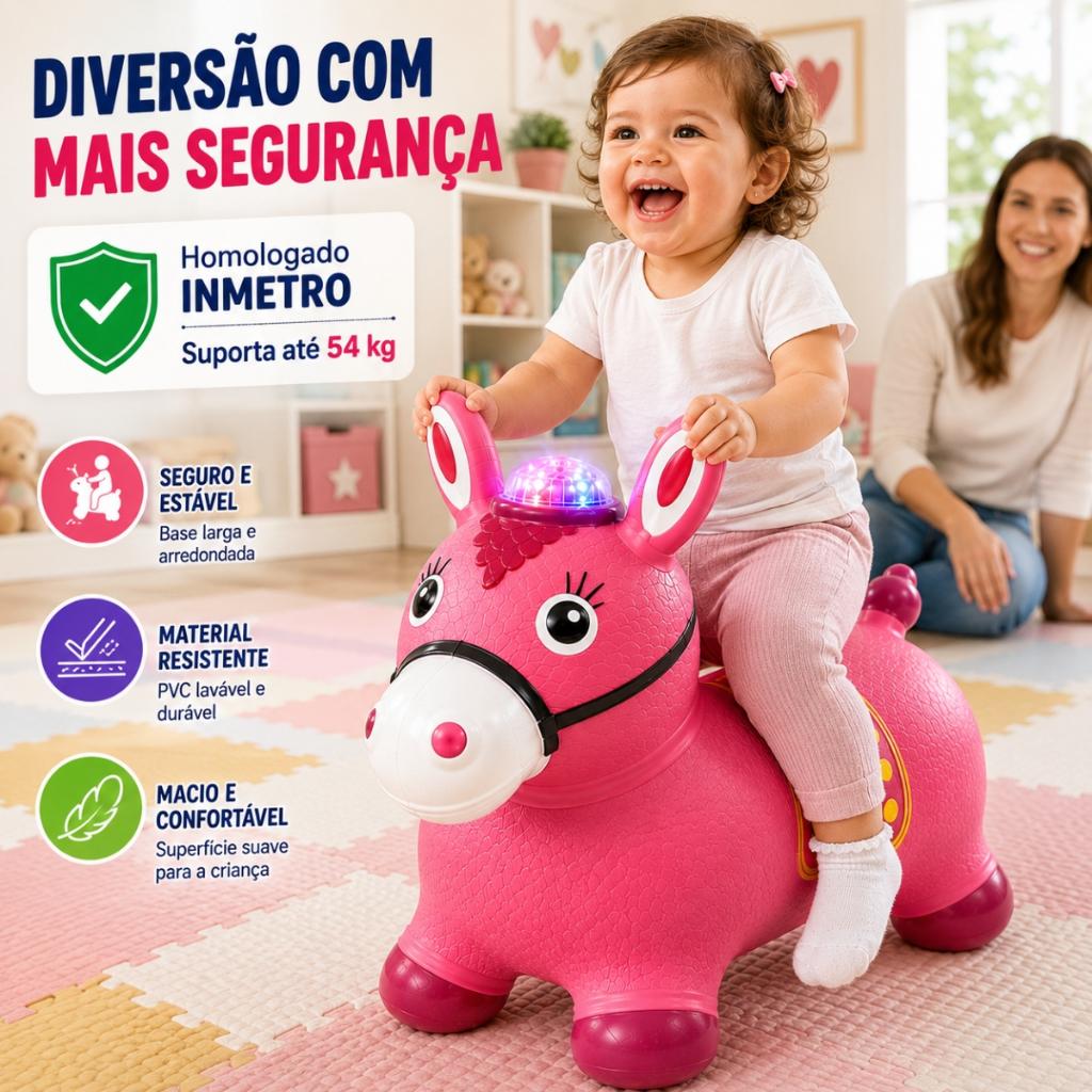 Cavalinho Upa Musical Infantil Pula Com LED E Som Brinquedo Bebê 12 Meses Suporta 54kg Inmetro Pratitudo Toys