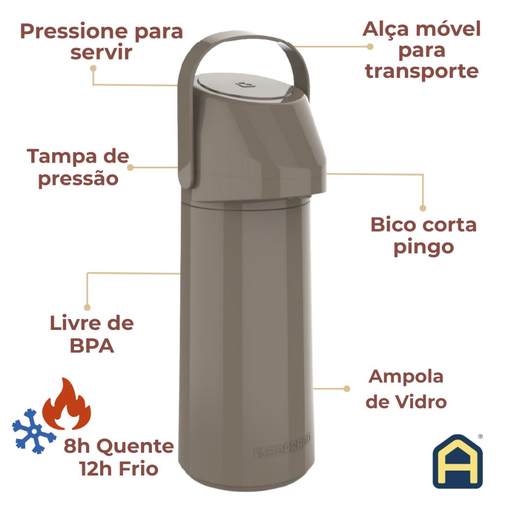 Garrafa Térmica Café Bomba De Pressão Soprano Rubi Inox Vermelha Preta Fendi 1L Não Pinga