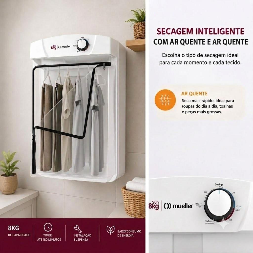 Secadora Mueller Sun 8kg De Parede Com Ar Quente Giro Fácil Branca 127V