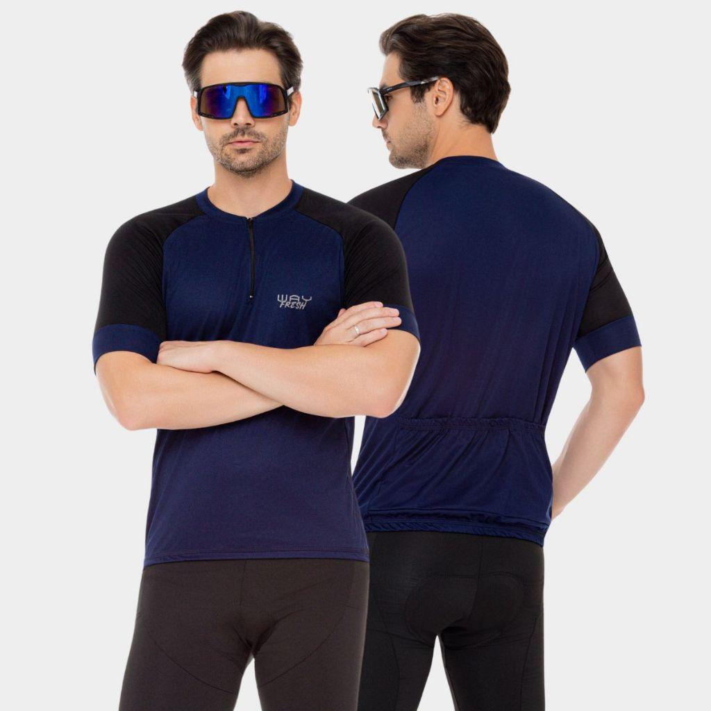 Conjunto Ciclismo Masculino Camisa Refrescante Azul Marinho E Bermuda Forro Gel Uv50 Mtb