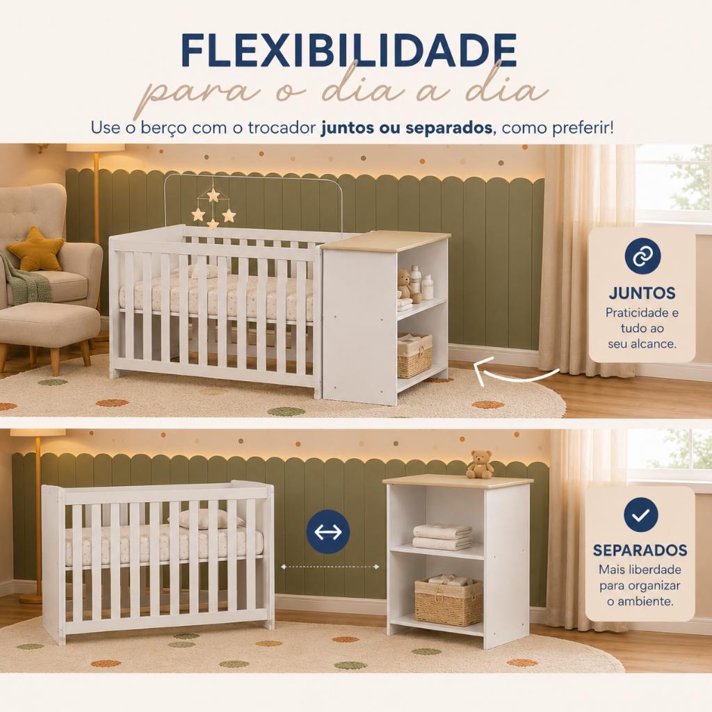 Berço Americano Lila Branco Mdf Colchão Incluso Suporte Mosqueteiro E Trocador Acoplado Ou Para Uso Independente - Av