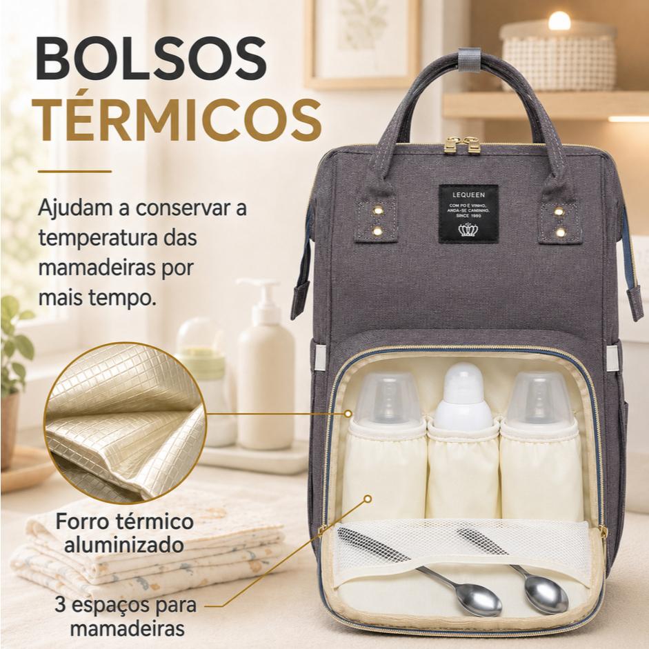 Mochila Maternidade Lequeen Mamãe Bebê Passeio Viagem Com Bolso Térmico