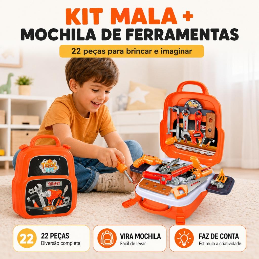 Kit Maleta Mochila De Ferramentas Infantil Criança 22 Peças Brinquedo Menino Kizumba