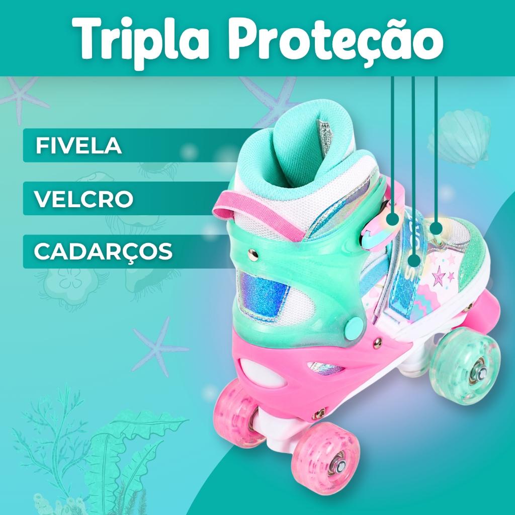 Patins Infantil Quad 4 Rodas Sereia Tamanho Ajustável Com Kit Proteção Completo Menina