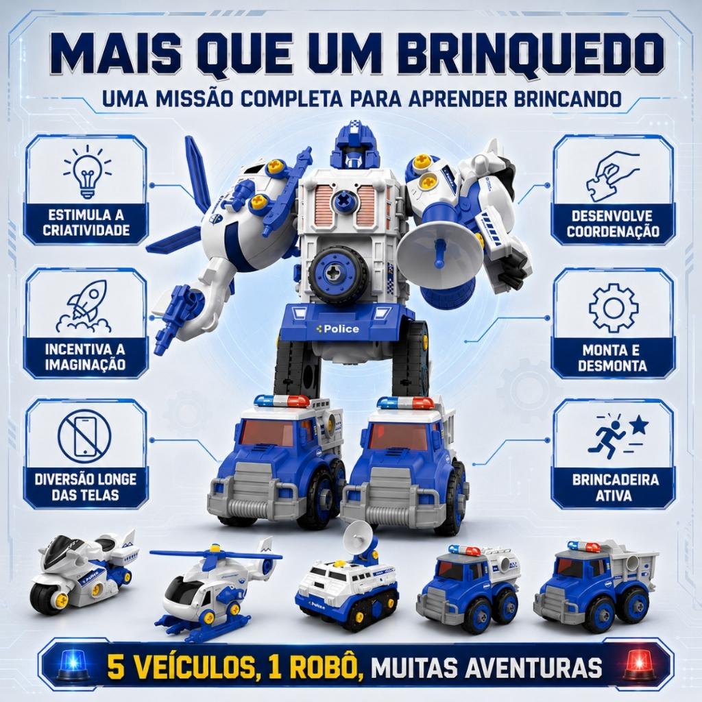 Brinquedo Robô Monta Desmonta 5 Em 1 Carrinhos Exercito Bombeiro Policia Construtor
