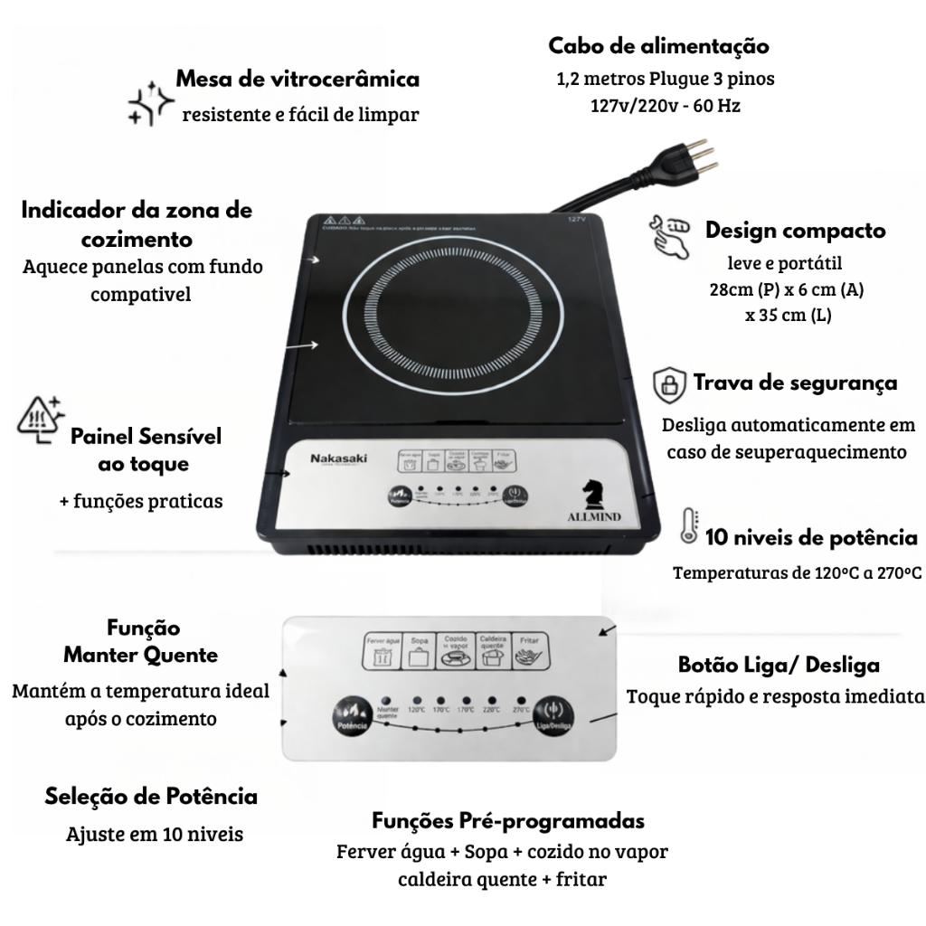 Fogão Cooktop De Indução 2100w Portátil 1 Boca Alta Potência E Aquecimento Instantâneo
