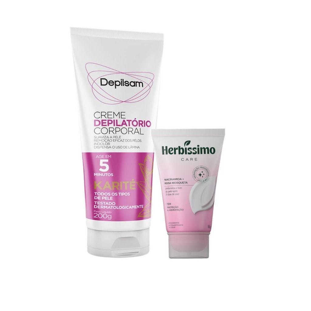 Kit Creme Depilatório Karité 200g + Creme Desodorante Antitranspirante Herbíssimo Care Rosa Mosqueta E Niacinamida 55g