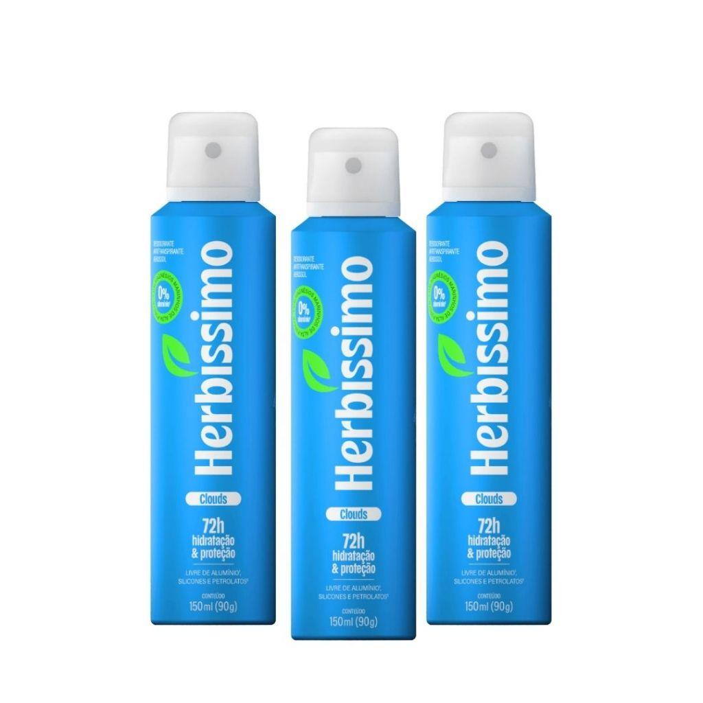Kit Desodorante Antitranspirante Aerossol Zero Alumínio Herbíssimo Clouds 150ml (3 Unidades)