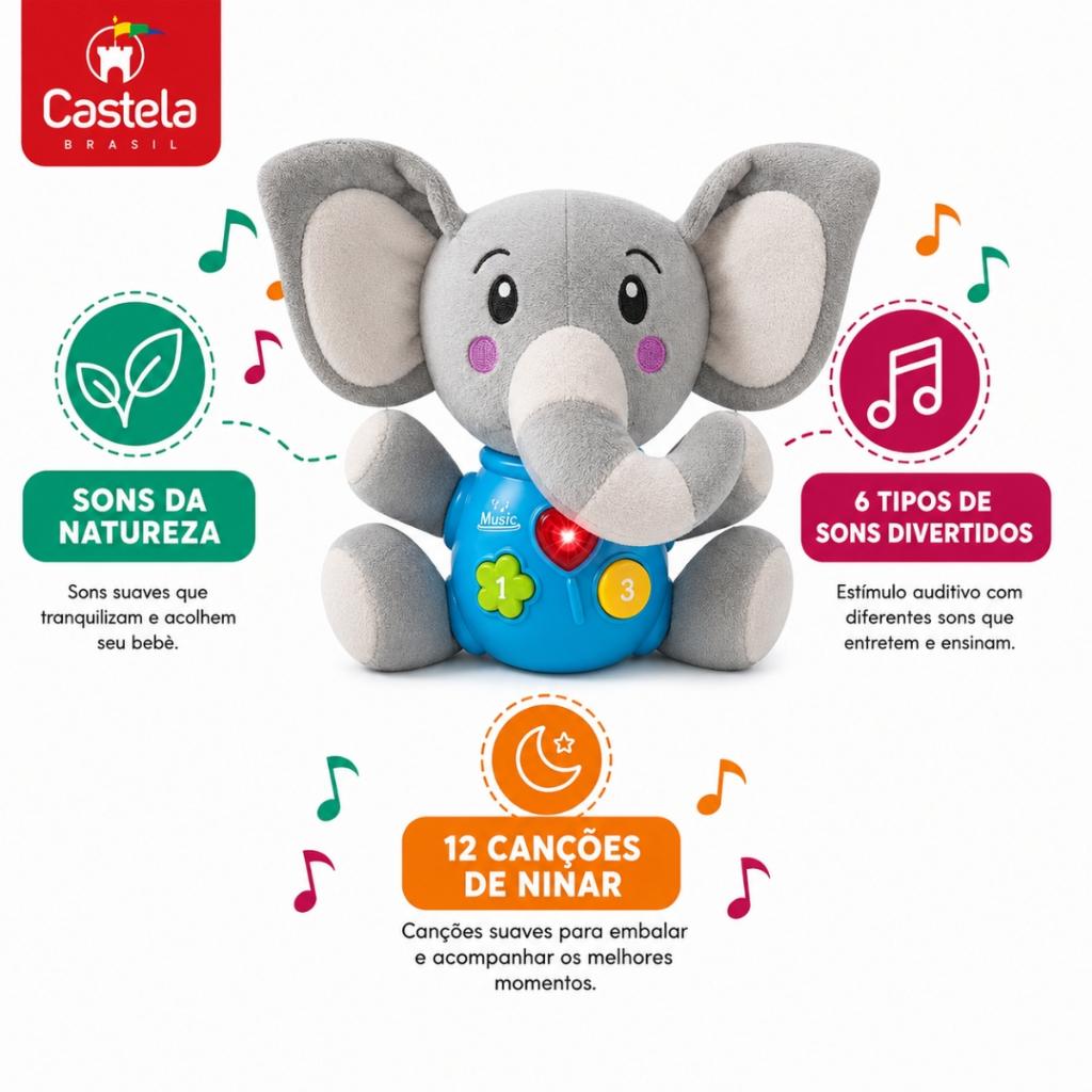 Pelúcia Musical Elefantinho Com Luz E Som Boneco - Castela Brasil
