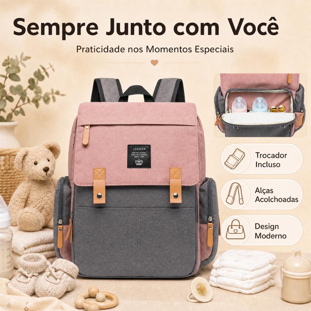 Mochila Maternidade Lequeen Com Trocador Saída USB E Ganchos