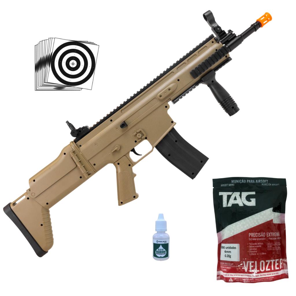 Rifle De Airsoft Vg Scar L - 8902 Tan Rossi Vigor Mola Spring Cal. 6mm + Acessórios E Bbs