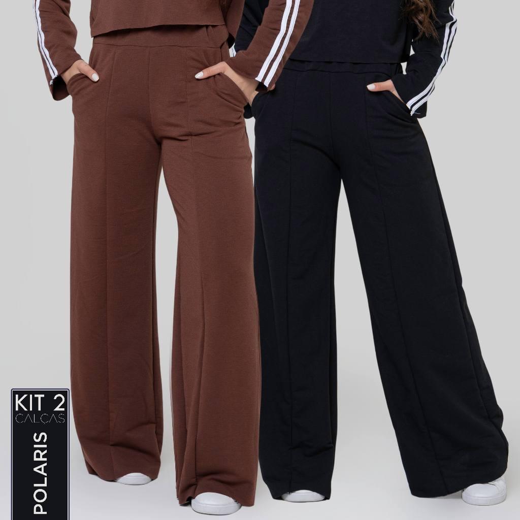 Kit 2 Calças Femininas Moletinho Peluciado Wide Leg Reta Cós Alto Com Bolso