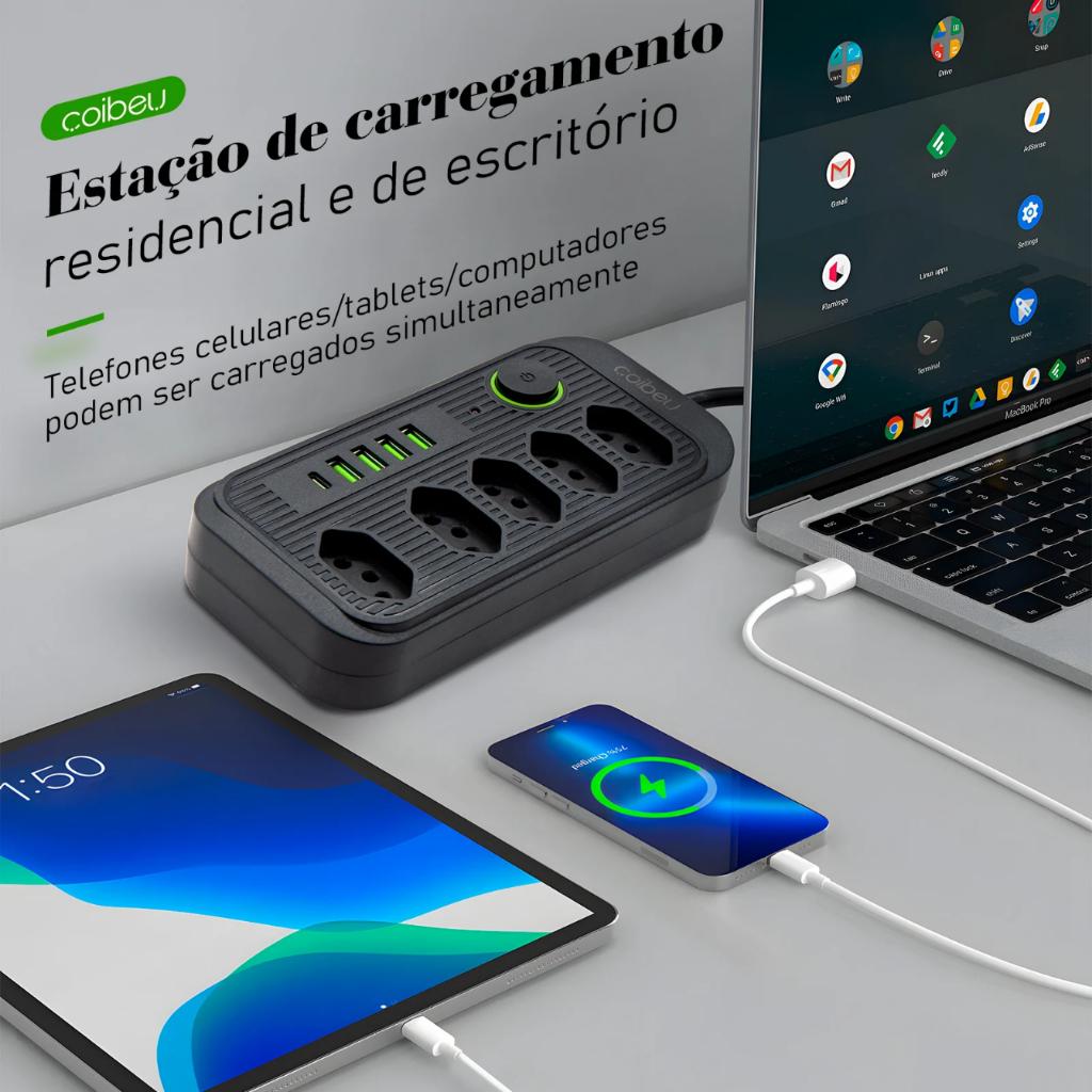 Filtro De Linha 5 Tomadas 4 USB 1 Type-c 2500w Bivolt Extensão Elétrica Régua De Tomada