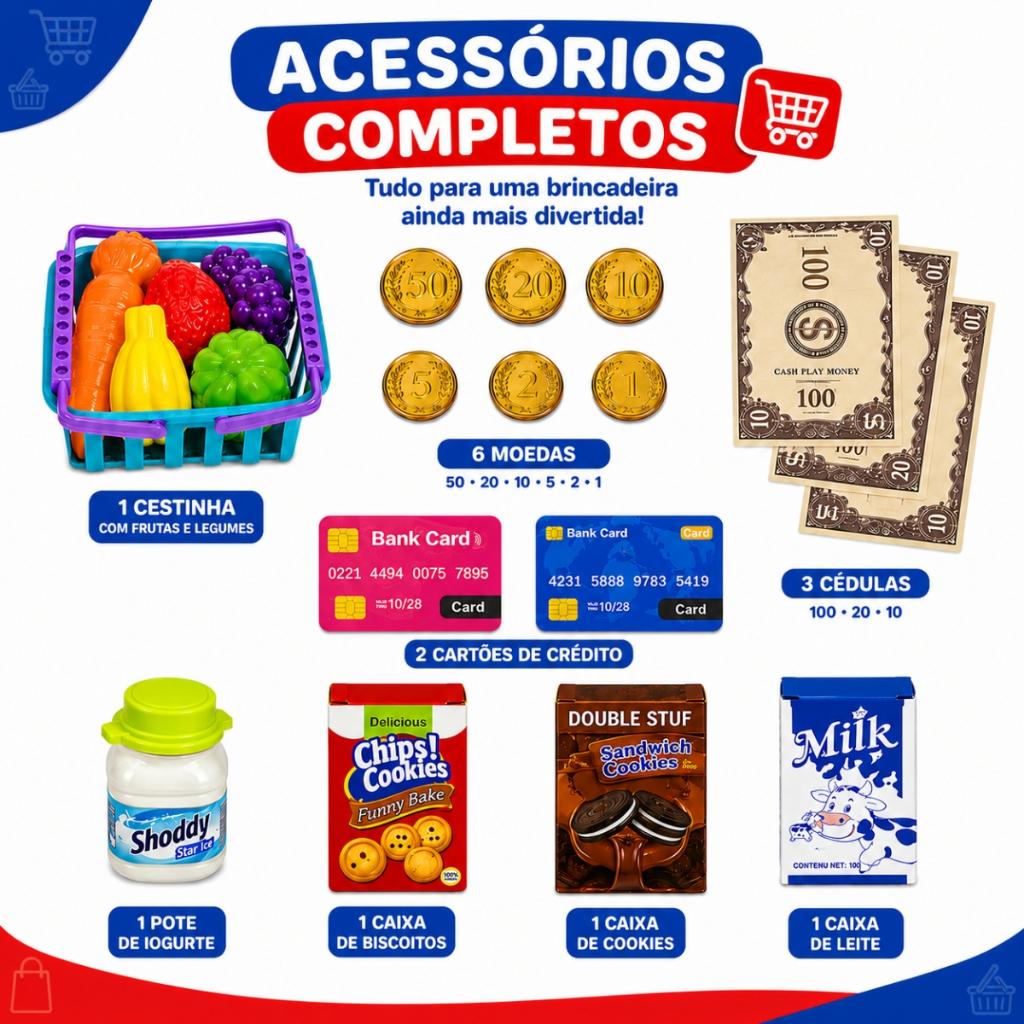 Caixa Registradora Infantil Com Som Luz E 20 Acessórios Completa Mini Mercadinho - Castela
