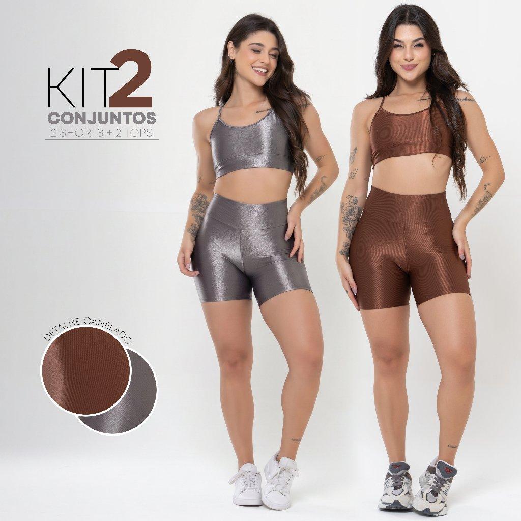 Kit 2 Conjuntos Fitness Feminino Top E Short Cós Alto Canelado Brilho Modelador Academia E Treino