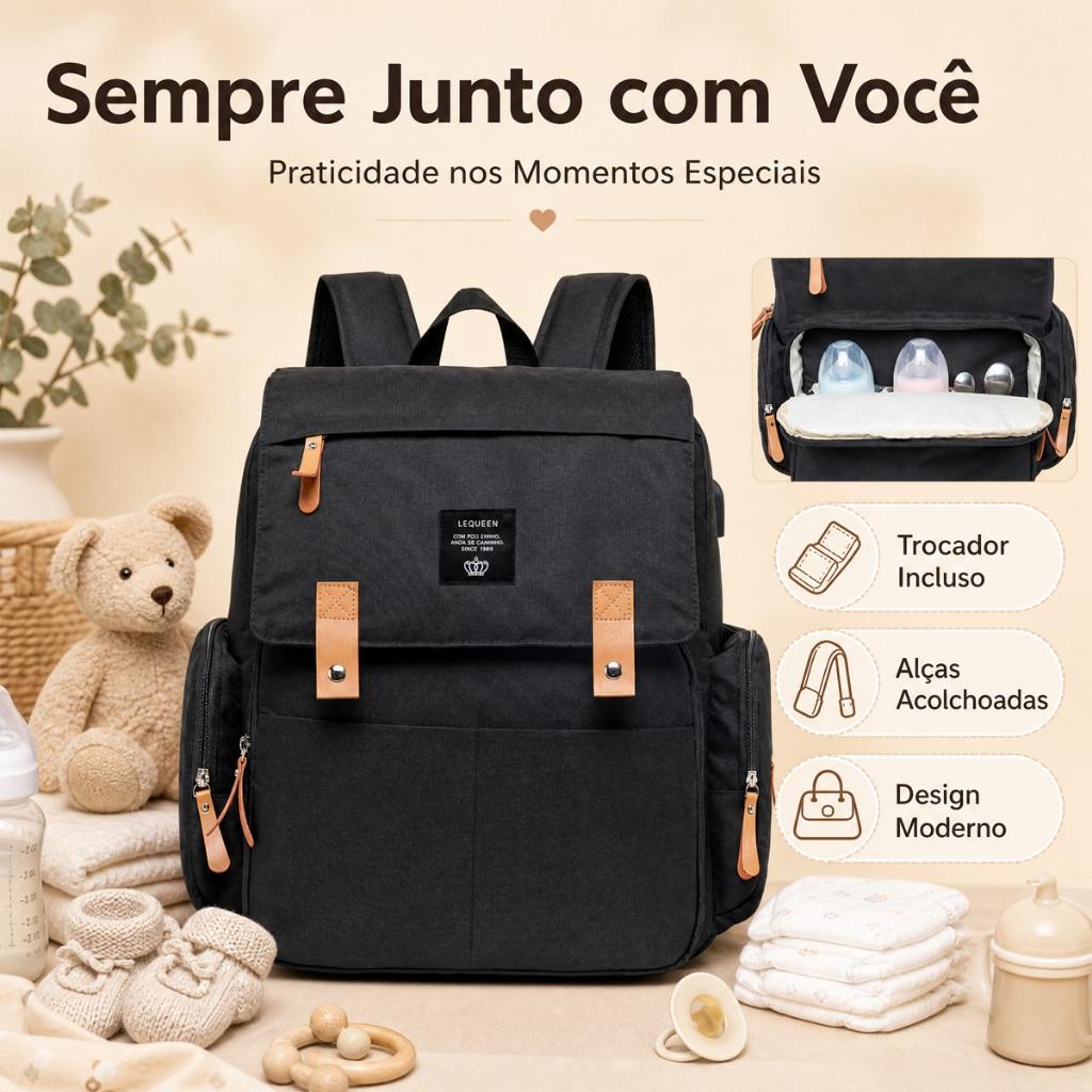 Bolsa Mochila Saída Maternidade Lequeen Multifuncional Grande Encaixe Trocador Lequeen