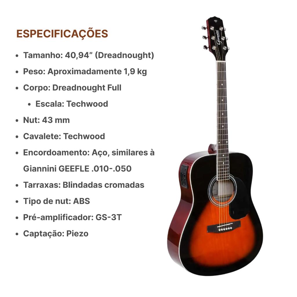 Violão Folk Giannini Gd1 Eq 3ts Elétrico+correia+capa + Kit