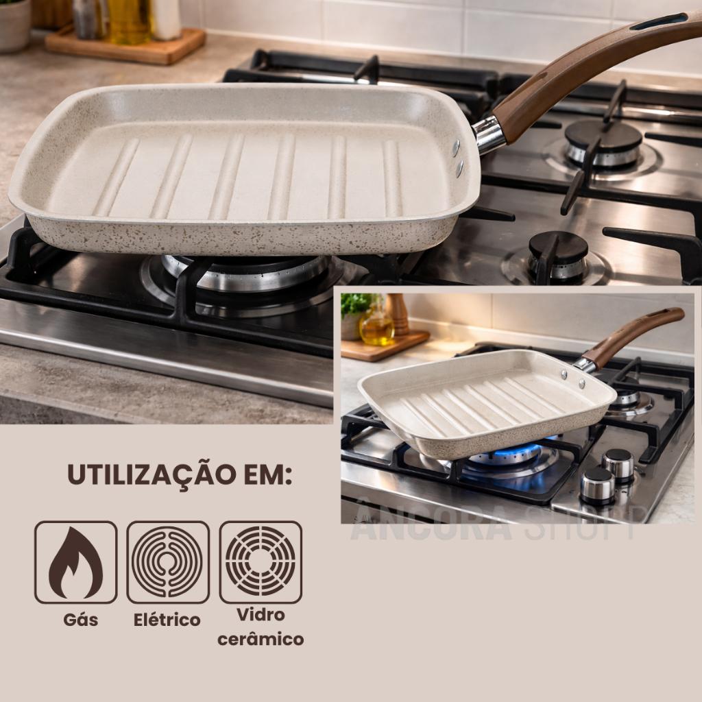 Frigideira Grill Quadrado 26cm De Alumínio Bifeteira Antiaderente Com Cabo Térmico Mta Branco Pérola