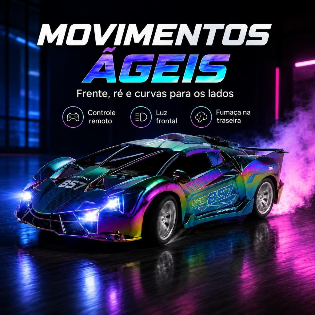 Carrinho Controle Remoto Drift Azul Solta Fumaça Recarregável Giro 360º Luz LED Radical Kizumba