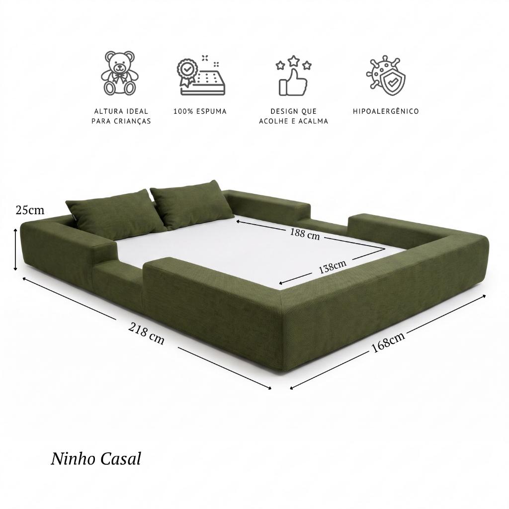 Cama Montessoriana Casal Ninho 100 Espuma Verde Militar Keiko