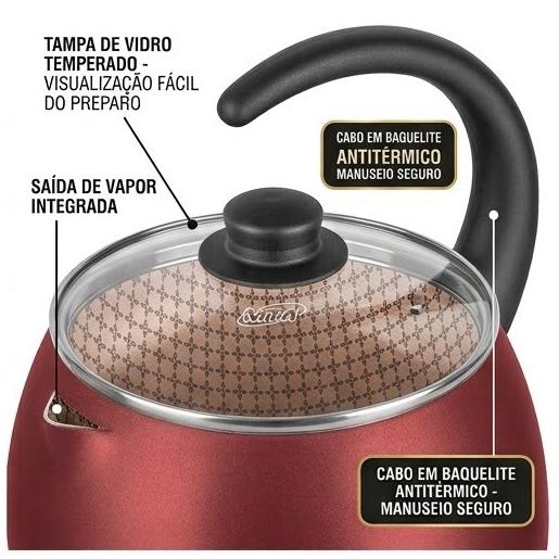 Chaleira Antiaderente 2 Litros Tampa De Vidro Mta Flora Alumínio Vermelho Cereja 902