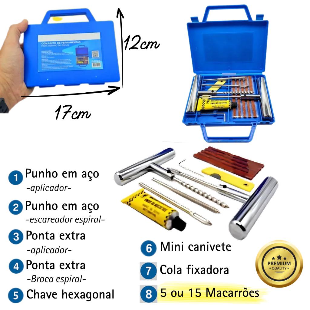 Kit Reparo De Pneu Sem Camara Profissional Maleta Moto Carro Conserto Remendo Macarrao