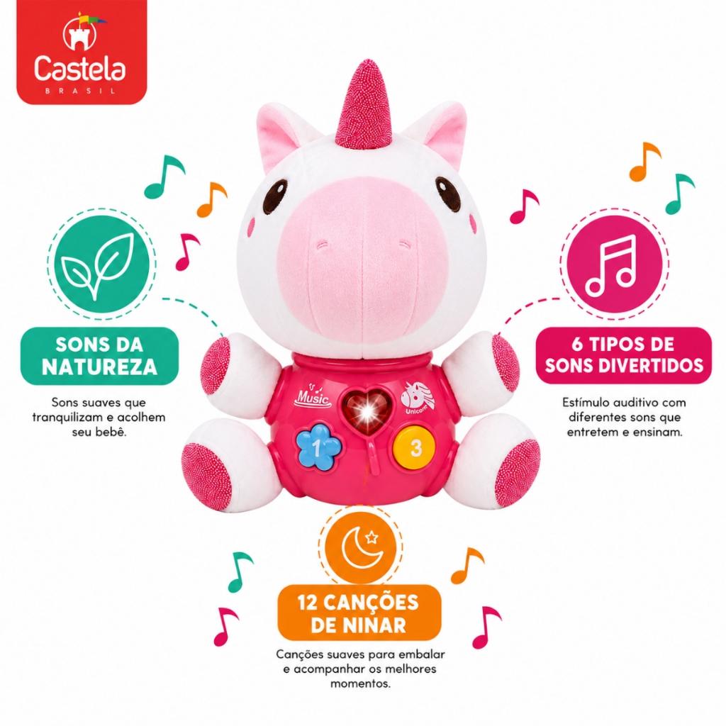 Pelúcia Musical Unicórnio Boneco C/Som E Luz - Castela
