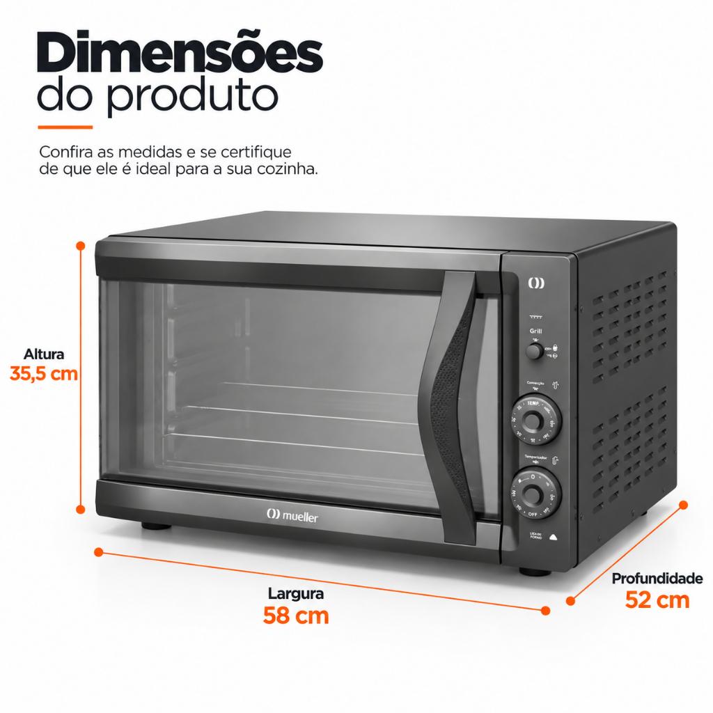 Forno Elétrico De Bancada Mueller 50 Litros Cinza Espelhado Com Grill E Timer