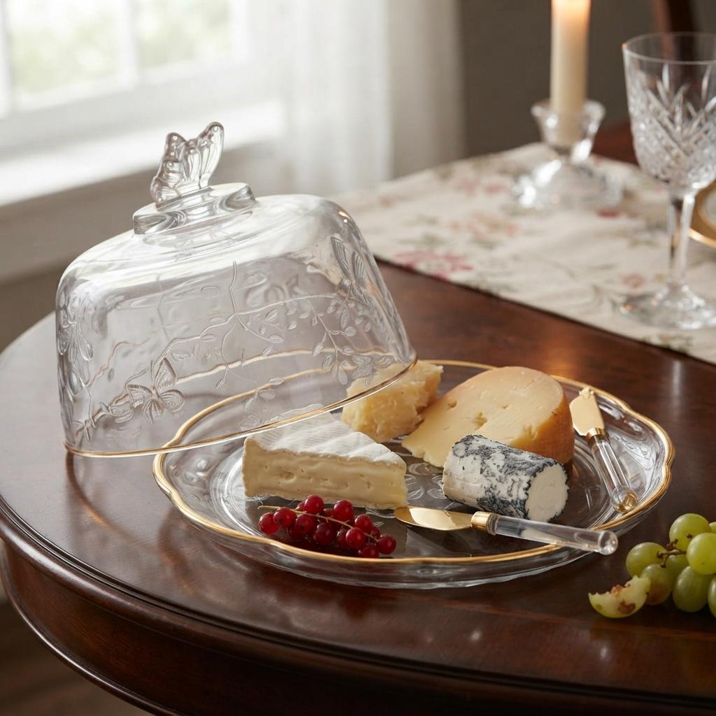 Queijeira De Cristal Com Tampa Lyor New Butterfly Fio De Ouro 19cm Mesa Posta Servir Queijo Frios Presente Luxo Elegante