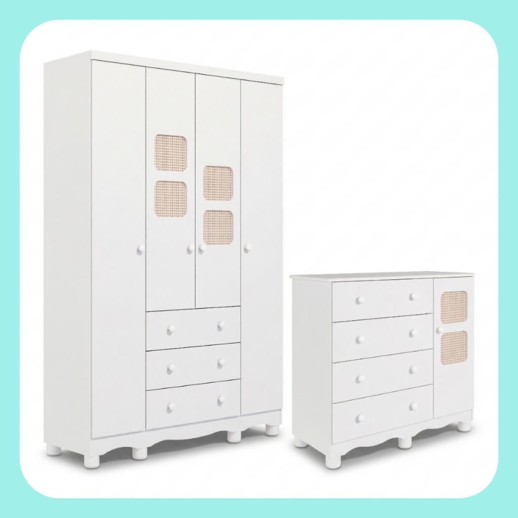 Quarto De Bebê Completo Guarda Roupas 4 Portas Cômoda 1 Porta 4 Gavetas 100 Mdf Telinha