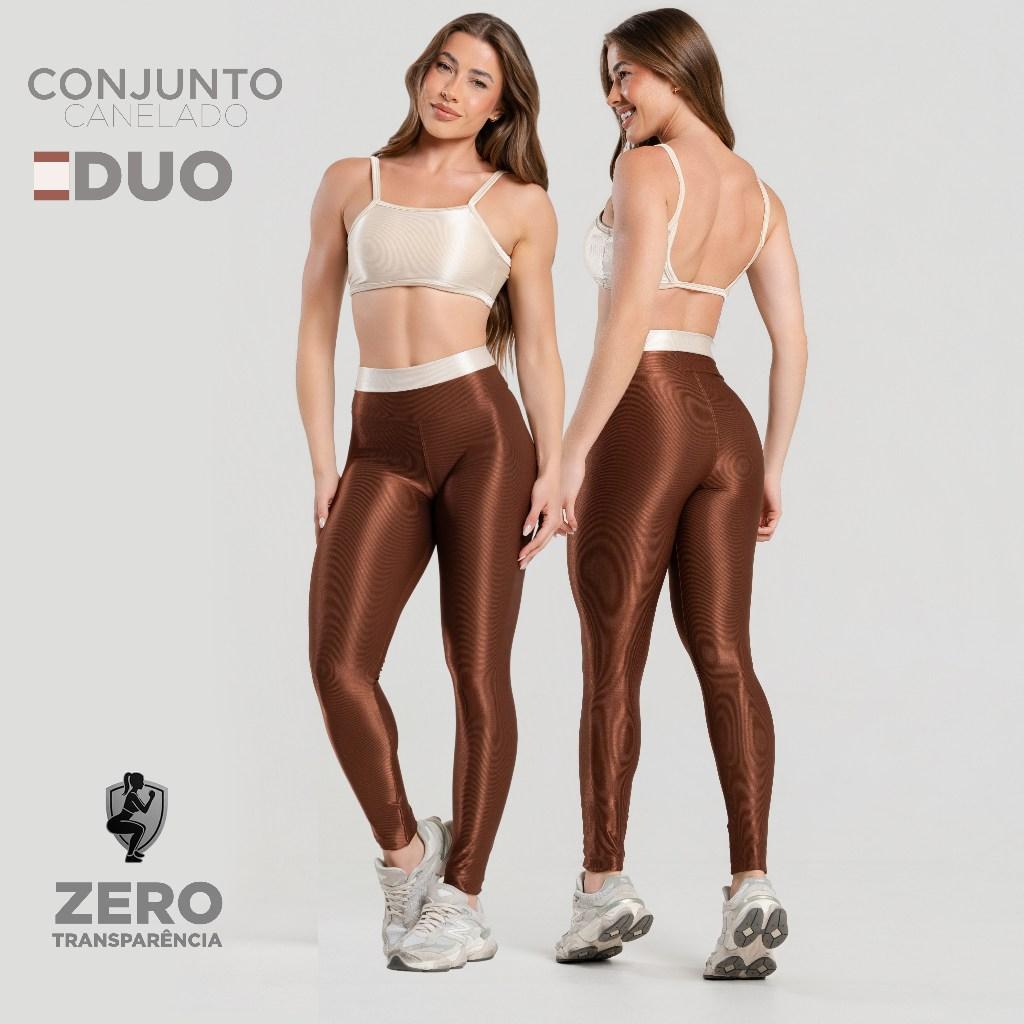 Conjunto Fitness Feminino Trilobal Canelado Brilhoso Top + Legging Cós Alto Modelador Academia