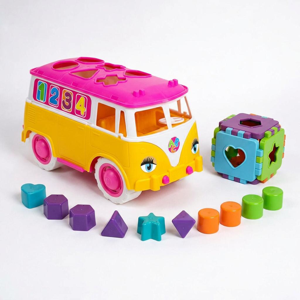 Kit Kombi Educativa + Cubo Educativo Acompanha12 Peças De Encaixar Carrinho Menina Colorido Inmetro Queen Shop