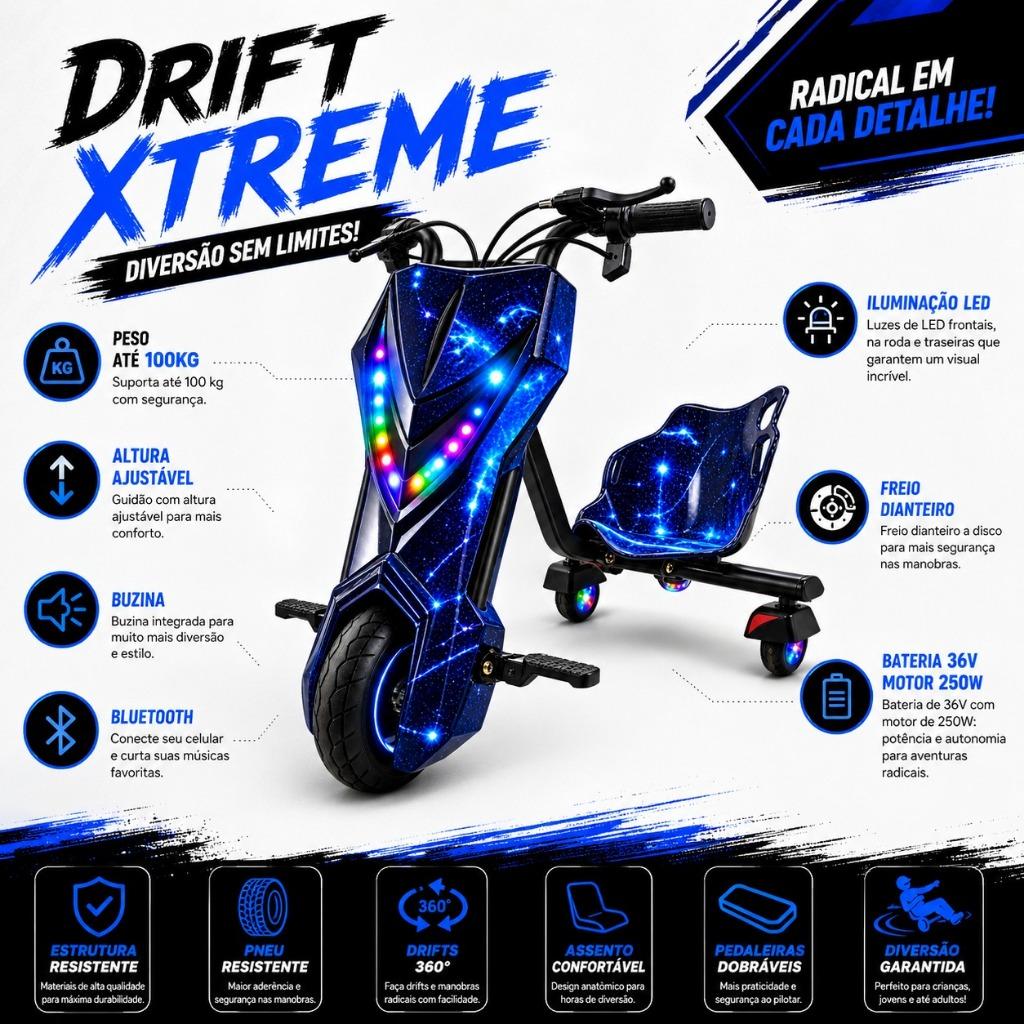 Triciclo Elétrico Drift Motorizado 36v250w Infantil/adulto 6 8 Polegadas 3 Velocidades C/bluetooth LED Kit Proteção