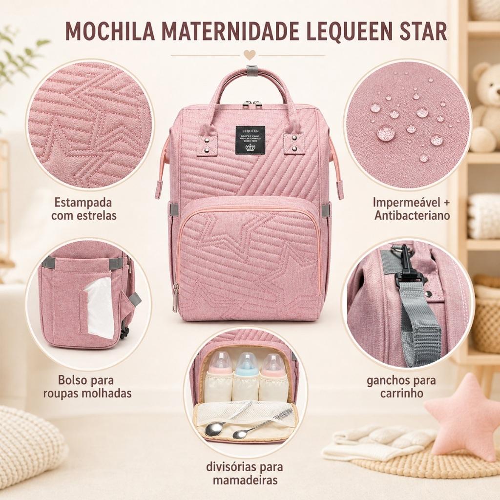 Bolsa Mochila Maternidade Bebê Lequeen Original Star Reforçada Multifuncional